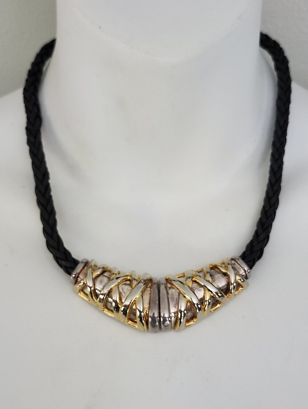 Chico's Two-Tone Gold & Silver Braided Necklace with Black Cord